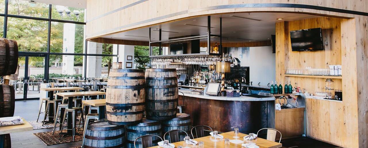 interior photo of a bar with wooden panels