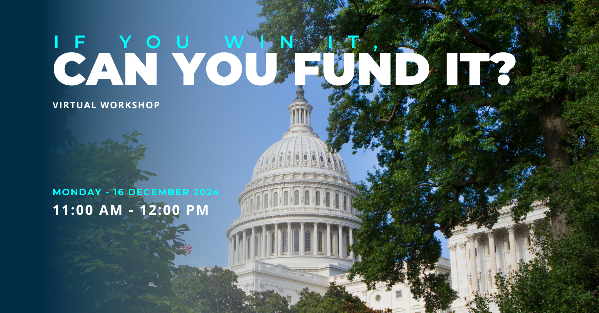 Event graphic says, "If You Can Win It, Can You Fund It?" with a photo of Washington DC