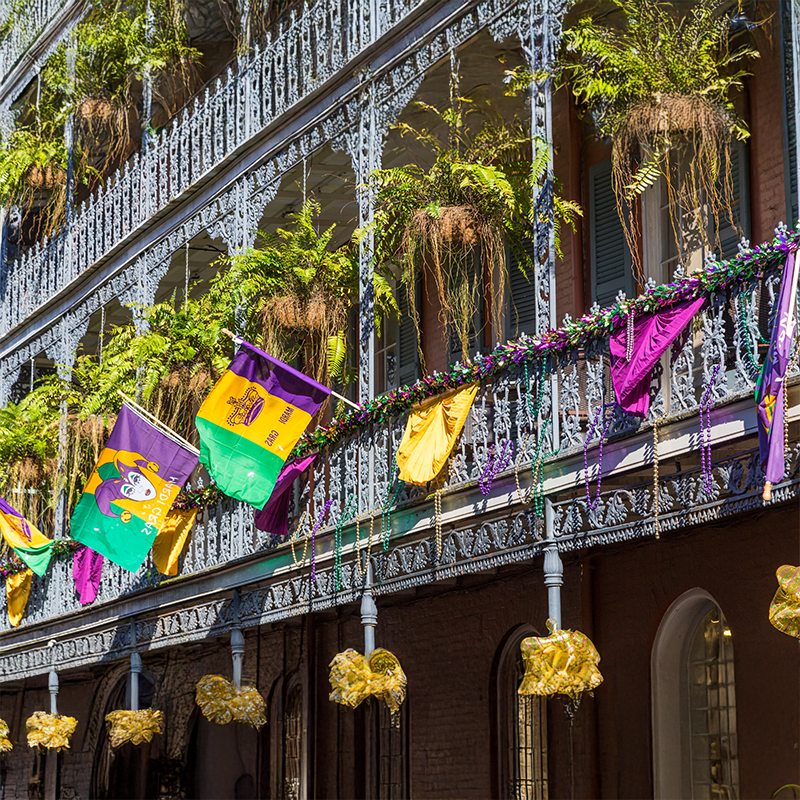 Downtown New Orleans with hanging plants and Mardi Gras decorations.