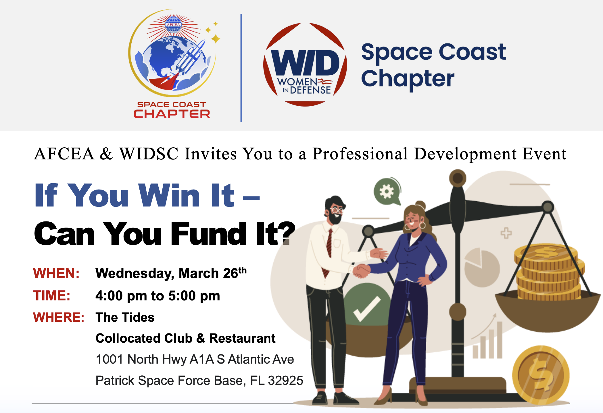 WID and AFCEA Space Coast Chapters host "If You Can Win It - Can You Fund It" talk with Teresa Moon.